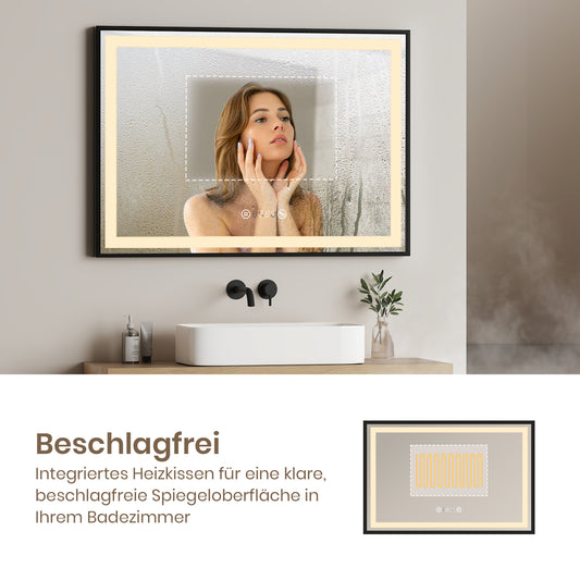 LED-Badezimmerspiegel mit schwarzem Rahmen, Uhr, Temperaturanzeige & Anti-Beschlagfunktion