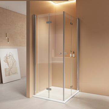 Eck-Duschkabine mit faltbarer Drehfalttür und Hebe-Senk-Mechanismus