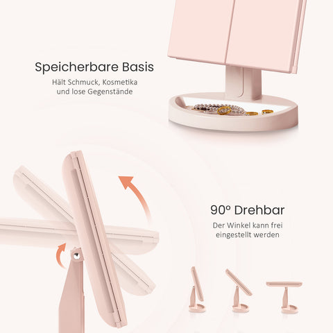 EMKE CM03 Kosmetikspiegel mit Licht, wiederaufladbar, 3 Lichtfarben, 2X/5X-fache Vergrößerung, 180° drehbar, Touch-Schalter, Memory-Funktion, rosa/weiß