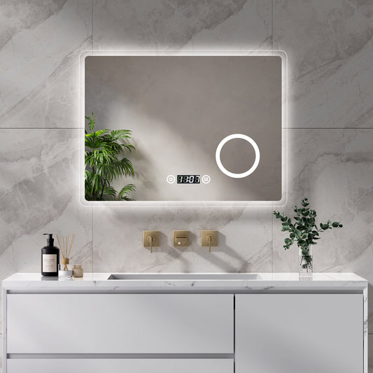 EMKE Badspiegel "LeeMi πX Plus" 60*80cm mit Touch+Dimmbar+Beschlagfrei+3x Kosmetikspiegel+Digitaluhr