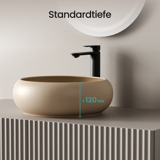 Rundes Keramik-Aufsatzwaschbecken mit Spritzschutzrand für kleine Bäder