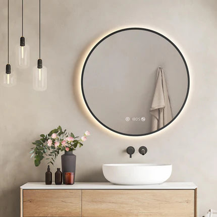 EMKE OLM09 LED-Badezimmerspiegel rund mit Uhr, Anti-Beschlag, neutrales Licht (4300K), dimmbar, Ø60/70/80 cm