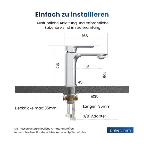 EMKE Badarmatur ultraflaches Design, „XF23“ 16,6 x 15,2 x 4,5 cm, Einlaufrohr aus Edelstahl, Keramik-Ventileinsatz, Mischbatterie, Waschtischarmatur, einfach zu montieren