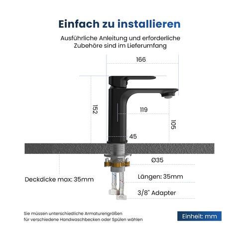 EMKE Badarmatur ultraflaches Design, „XF23“ 16,6 x 15,2 x 4,5 cm, Einlaufrohr aus Edelstahl, Keramik-Ventileinsatz, Mischbatterie, Waschtischarmatur, einfach zu montieren