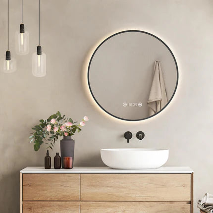 EMKE OLM09 LED-Badezimmerspiegel rund mit Uhr, Anti-Beschlag, neutrales Licht (4300K), dimmbar, Ø60/70/80 cm