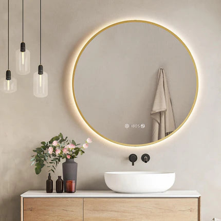 EMKE OLM09 LED-Badezimmerspiegel rund mit Uhr, Anti-Beschlag, neutrales Licht (4300K), dimmbar, Ø60/70/80 cm
