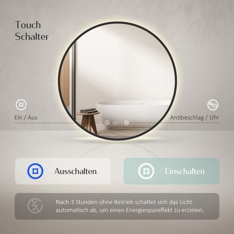 EMKE OLM09 LED-Badezimmerspiegel rund mit Uhr, Anti-Beschlag, neutrales Licht (4300K), dimmbar, Ø60/70/80 cm