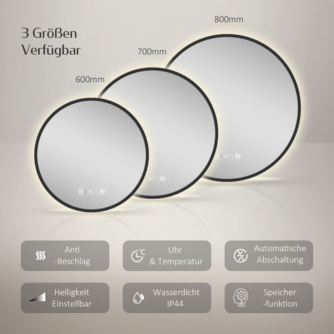 EMKE OLM09 LED-Badezimmerspiegel rund mit Uhr, Anti-Beschlag, neutrales Licht (4300K), dimmbar, Ø60/70/80 cm
