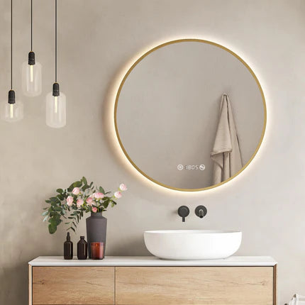 EMKE OLM09 LED-Badezimmerspiegel rund mit Uhr, Anti-Beschlag, neutrales Licht (4300K), dimmbar, Ø60/70/80 cm