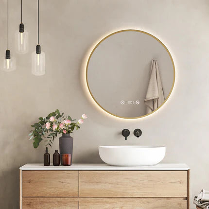 EMKE OLM09 LED-Badezimmerspiegel rund mit Uhr, Anti-Beschlag, neutrales Licht (4300K), dimmbar, Ø60/70/80 cm