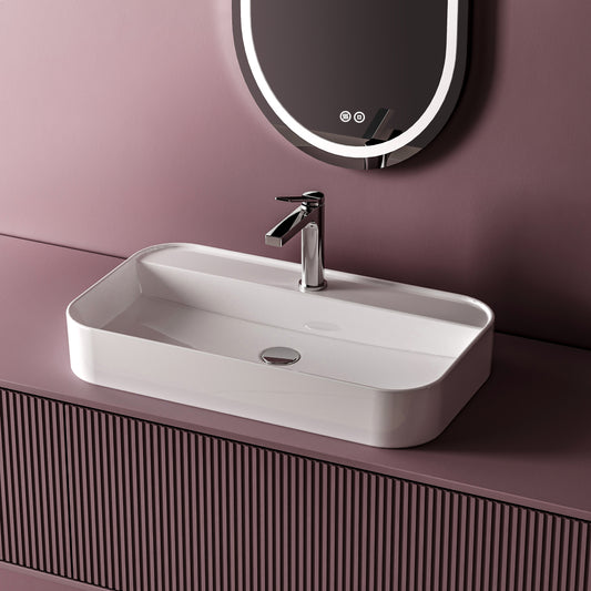 Rechteckiger Aufsatzwaschtisch mit pflegeleichter Glasur & ohne Überlauf – mit Hahnloch