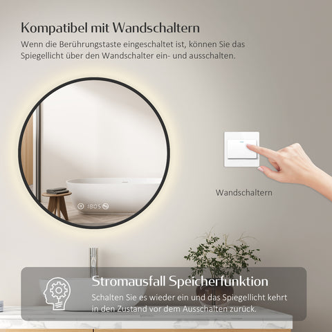 EMKE OLM09 LED-Badezimmerspiegel rund mit Uhr, Anti-Beschlag, neutrales Licht (4300K), dimmbar, Ø60/70/80 cm