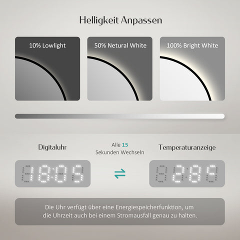 EMKE OLM09 LED-Badezimmerspiegel rund mit Uhr, Anti-Beschlag, neutrales Licht (4300K), dimmbar, Ø60/70/80 cm