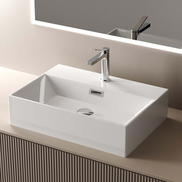 Rechteckiger Aufsatzwaschtisch mit Überlauf & pflegeleichter Glasur – mit Hahnloch