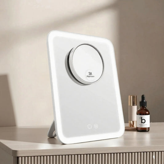 Kosmetikspiegel mit LED-Beleuchtung, 3X-Vergrößerung & Akku – drehbar & mit Touch-Steuerung
