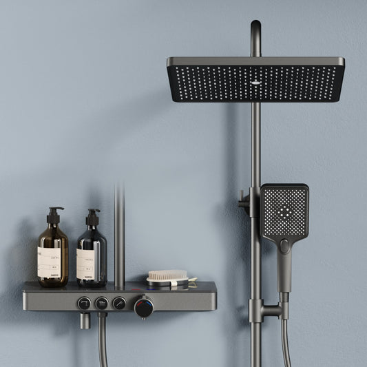 Duschsystem mit Thermostat, Kopf- & Handbrause sowie Glasablage