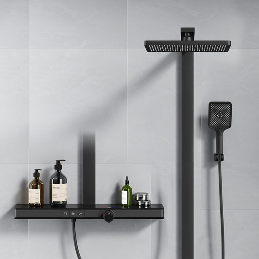 Duschsystem mit Thermostat, großer Glasablage & 3-strahliger Handbrause – Schwarz matt