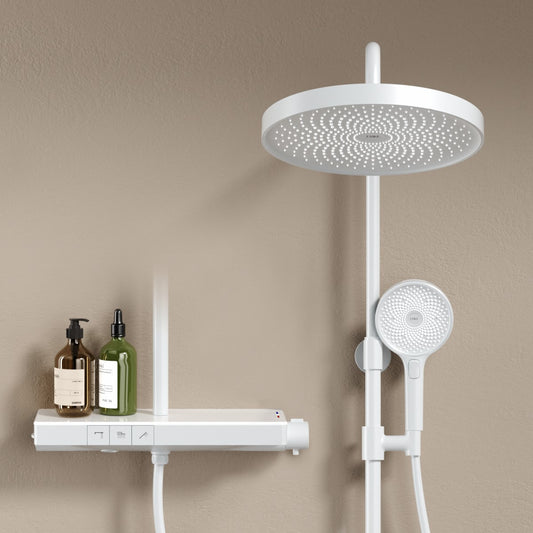 Duschsystem mit Thermostat, runder Kopfbrause & 3-Strahl-Handbrause – in Weiß