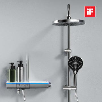 Duschsystem mit Thermostat, Regendusche & Glasablage – Chrom poliert