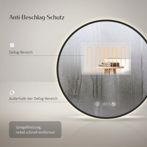 EMKE OLM09 LED-Badezimmerspiegel rund mit Uhr, Anti-Beschlag, neutrales Licht (4300K), dimmbar, Ø60/70/80 cm