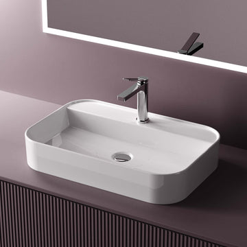 Rechteckiger Aufsatzwaschtisch mit pflegeleichter Glasur & ohne Überlauf – mit Hahnloch