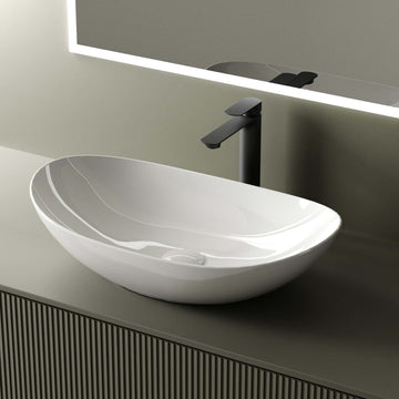 Ovaler Aufsatzwaschtisch mit pflegeleichter Oberfläche & ohne Hahnloch – ohne Überlauf
