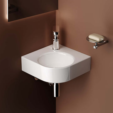 Keramik-Hängewaschbecken mit Armaturenbohrung, platzsparend für Eckmontage