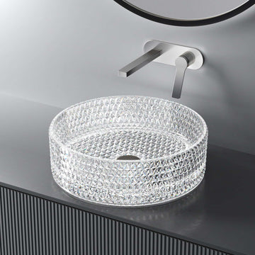 Rundes Aufsatzwaschbecken aus Klarglas mit diamantgeschliffenem Design