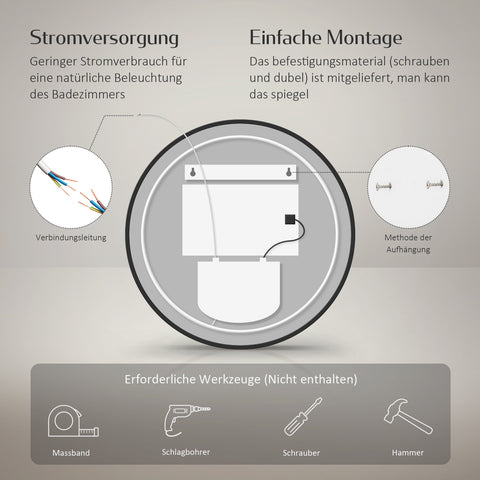 EMKE OLM09 LED-Badezimmerspiegel rund mit Uhr, Anti-Beschlag, neutrales Licht (4300K), dimmbar, Ø60/70/80 cm