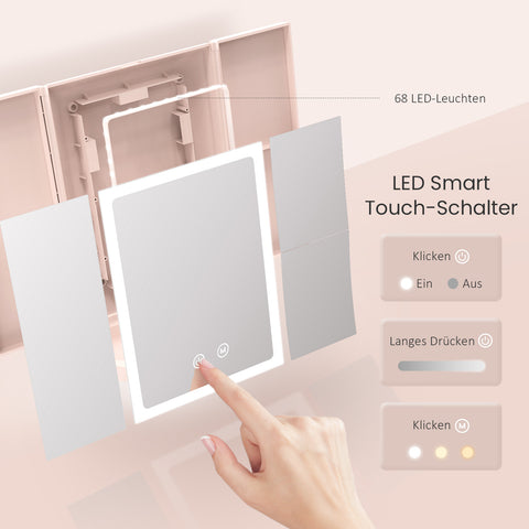 EMKE CM03 Kosmetikspiegel mit Licht, wiederaufladbar, 3 Lichtfarben, 2X/5X-fache Vergrößerung, 180° drehbar, Touch-Schalter, Memory-Funktion, rosa/weiß