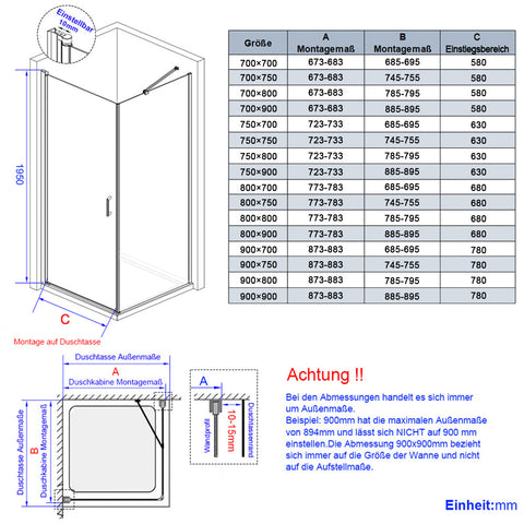 EMKE Duschkabine mit Schwingtüren (für den Einbau in Eck-Duschen, ergonomische Knopf-Griffe Höhe: 195 cm)