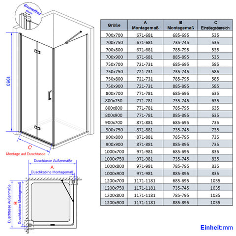EMKE Duschabtrennung mit Drehfalttür (für den Einbau in Eck-Duschen, Höhe: 195 cm)