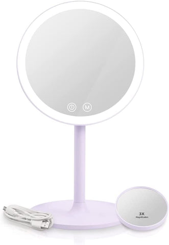EMKE Kosmetikspiegel mit Licht, wiederaufladbar, 3 Lichtfarben, 1X/3X-fache Vergrößerung, 90° drehbar, Touch-Schalter, Memory-Funktion, hellblau/rosa/violett/weiß