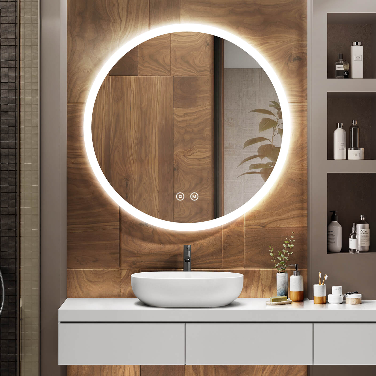 olm01 runder beleuchteter badezimmerspiegel mit touch