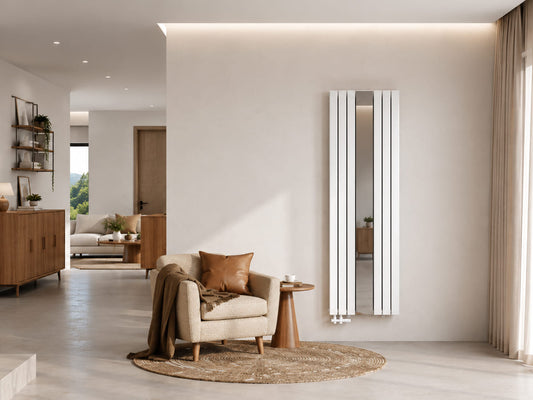 Platzsparender Design-Radiator in Weiß mit Spiegel für Flur und Wohnzimmer