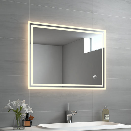 EMKE Badspiegel LED 60 x 80 cm - Touch - Dimmbar - 3 Lichtfarben - Antibeschlag - IP44
