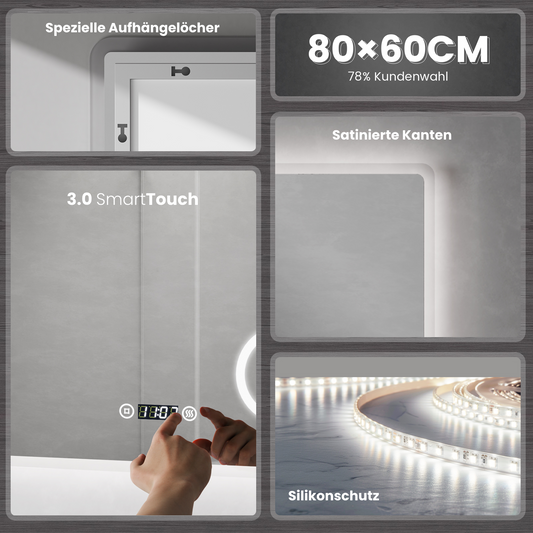 EMKE Badezimmerspiegel mit Beleuchtung, Touch, 3 Lichtfarben, Dimmbar, Beschlagfrei, Vergrößerungsspiegel, Uhr, 80x60cm