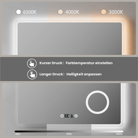 EMKE Smart Badspiegel mit Beleuchtung mit Touch, Warmweiß Kaltweiß Neutral , Anti Fog, Uhr,  60 x 80 cm