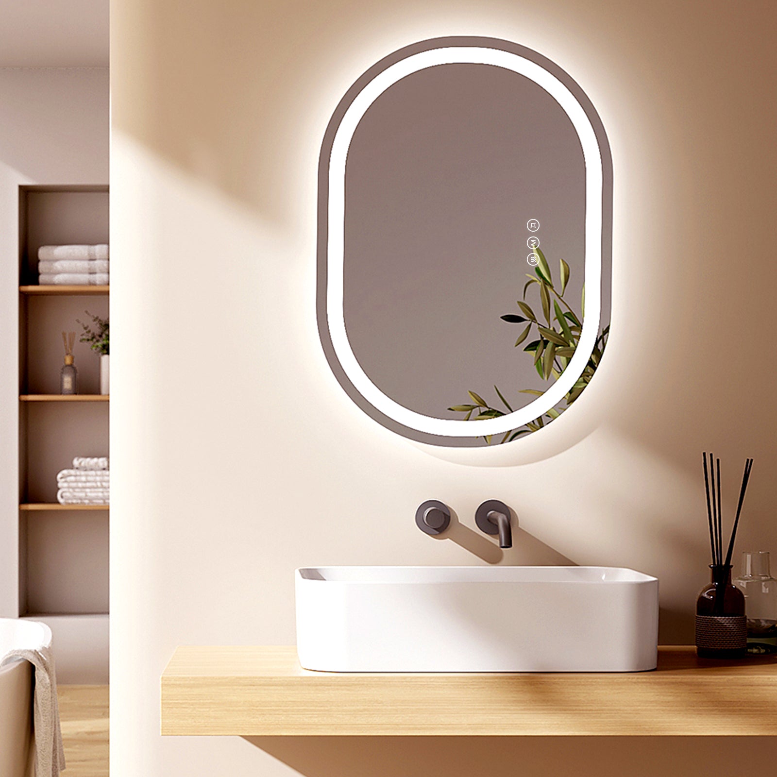 Ovaler LED-Badspiegel mit Touchschalter & Anti-Beschlag-Funktion