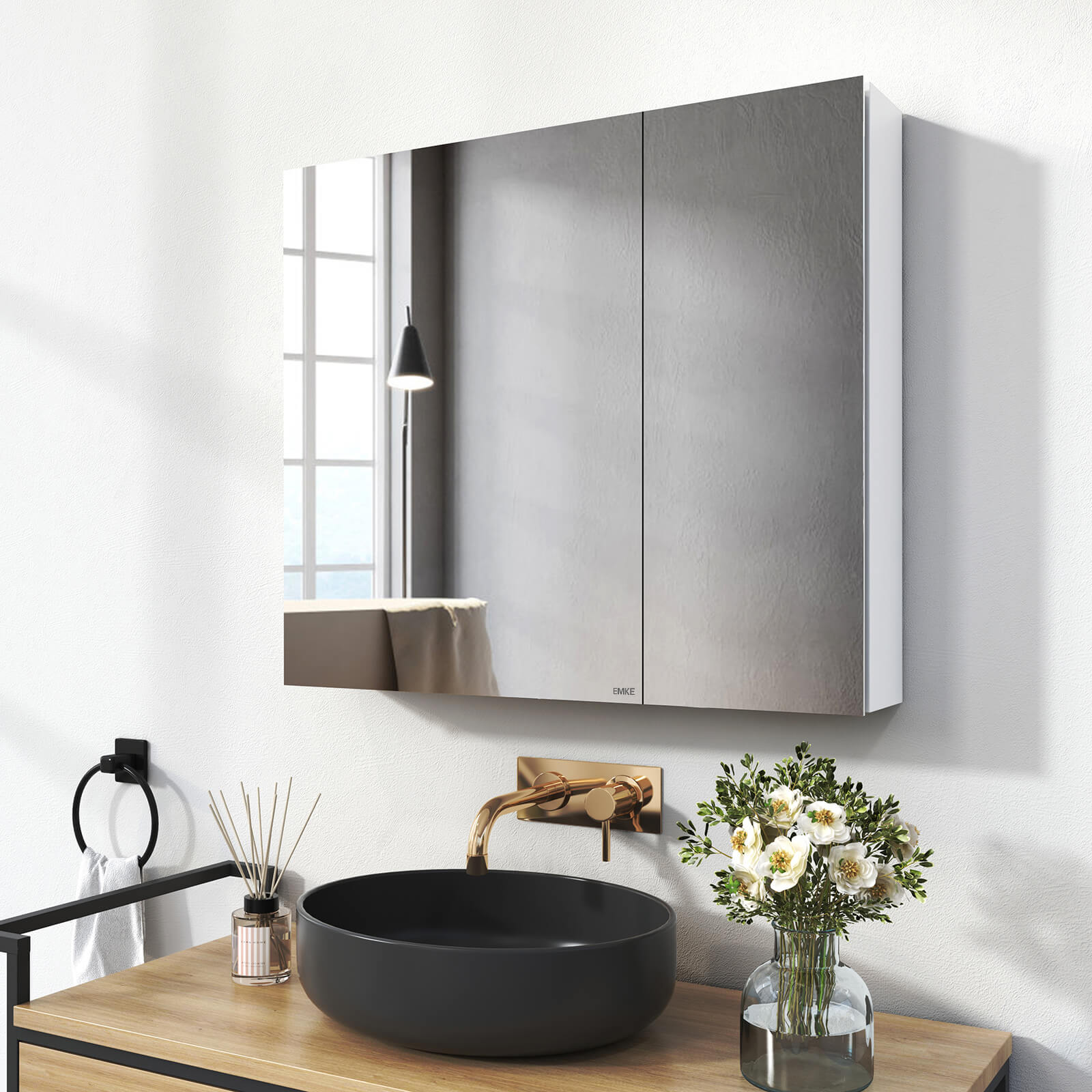 Bad-Spiegelschrank mit 2 Soft-Close-Flügeltüren & kupferfreiem Spiegel, 75–85 × 65 cm