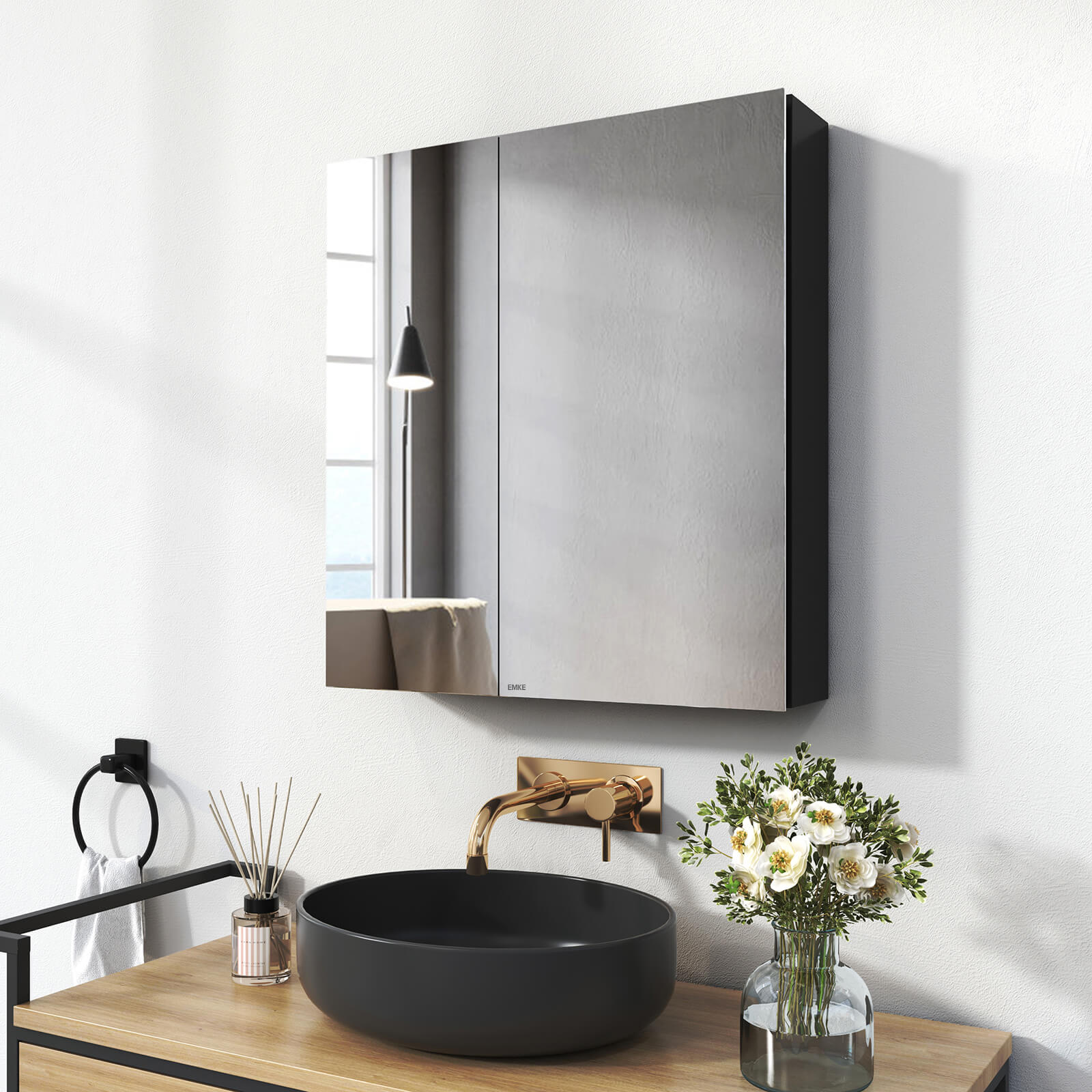Bad-Spiegelschrank mit 2 Soft-Close-Flügeltüren & kupferfreiem Spiegel, 60 × 65 cm
