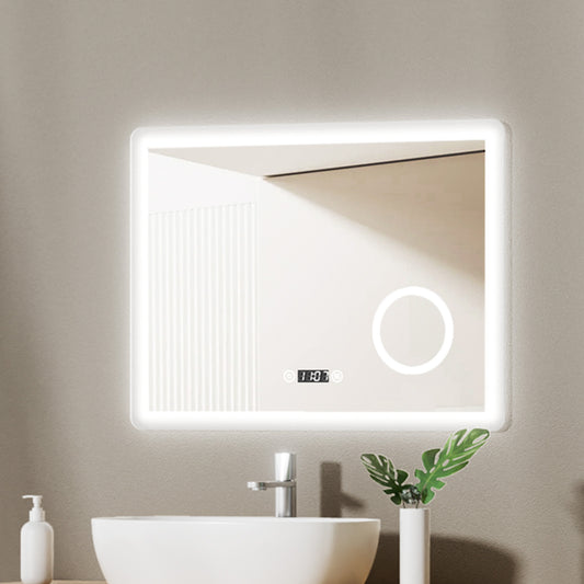 EMKE Badezimmerspiegel mit Beleuchtung "LeeMi πX Plus" 80x60cm, 3 Lichtfarben, Touch, Dimmbar, Beschlagfrei, Vergrößerungsspiegel, Uhr