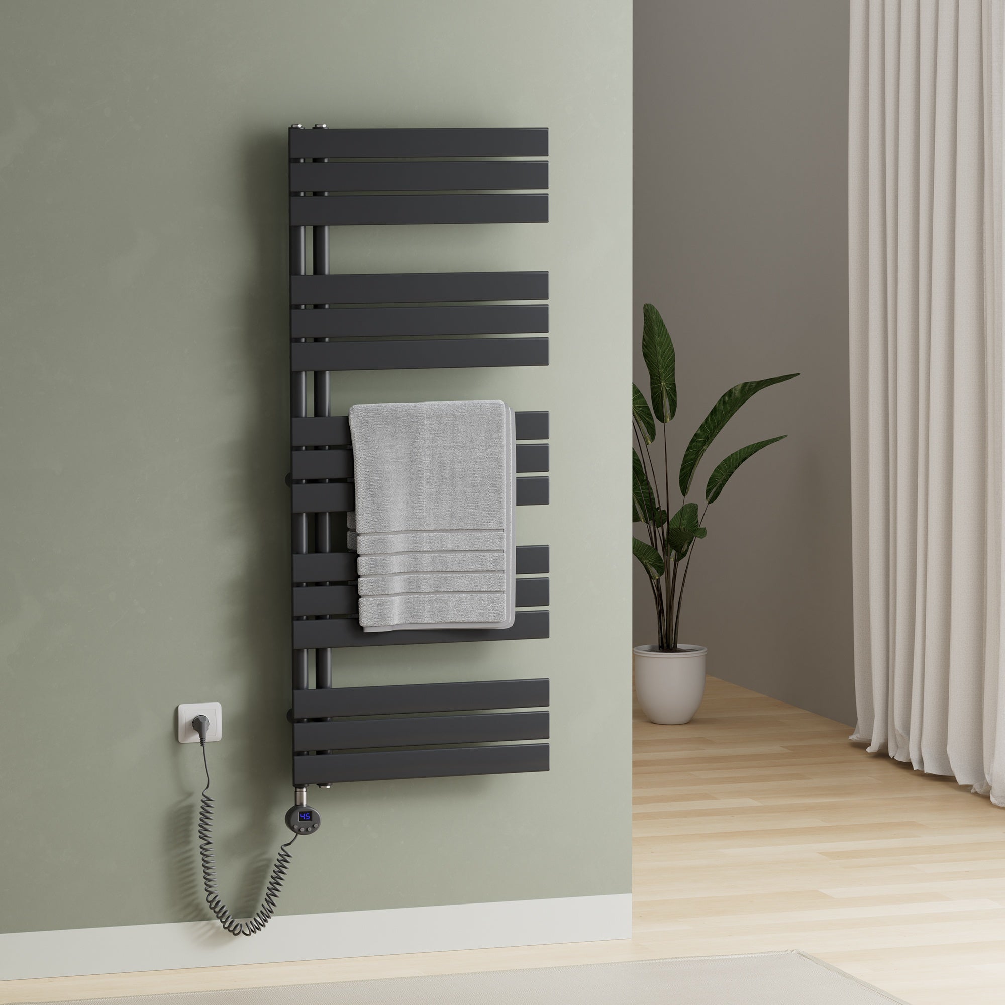 Elektrischer Handtuchheizkörper ESFTR – Flachrohr-Design, einseitig, rein elektrisch, mit Thermostat & Timerfunktion