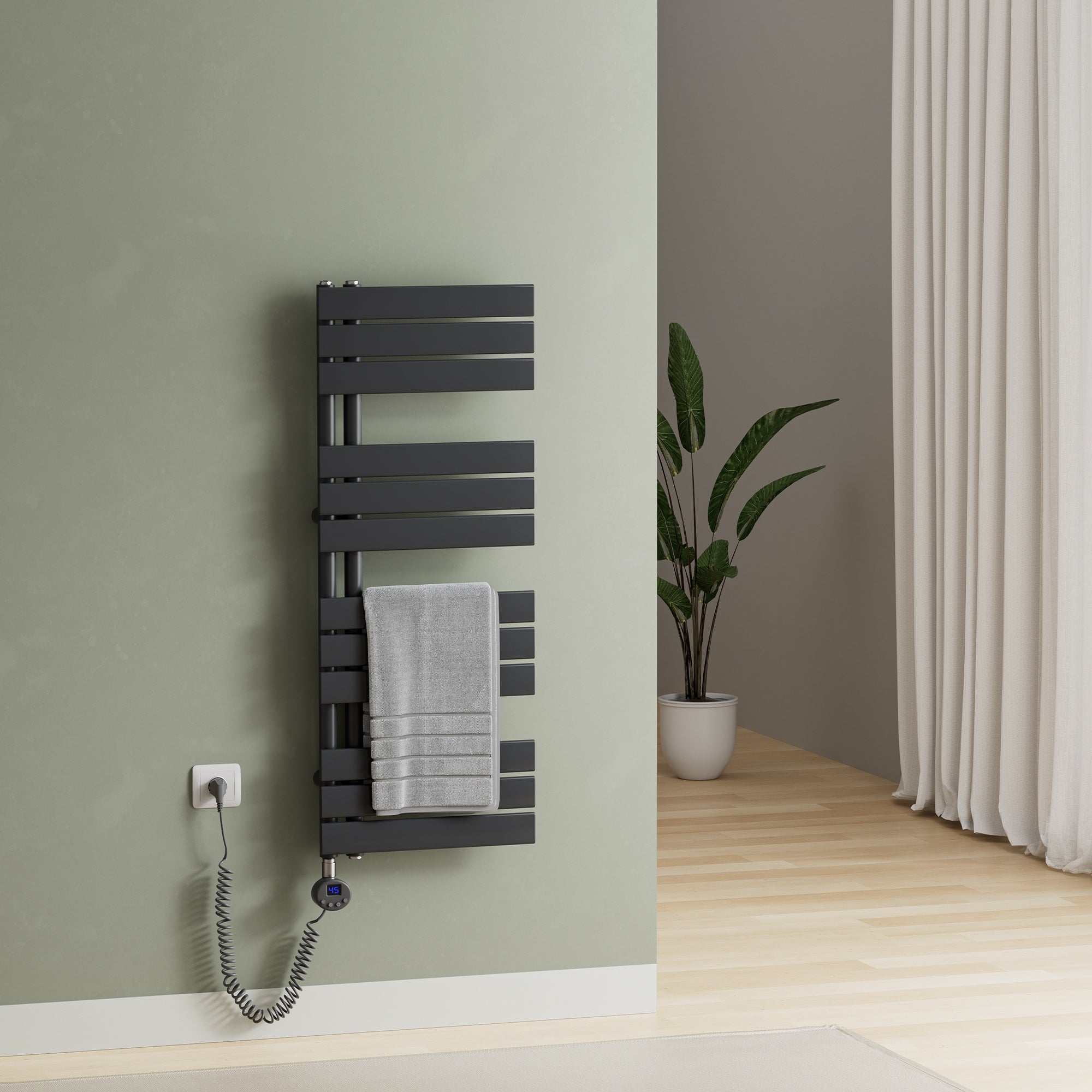 Elektrischer Handtuchheizkörper ESFTR – Flachrohr-Design, einseitig, rein elektrisch, mit Thermostat & Timerfunktion