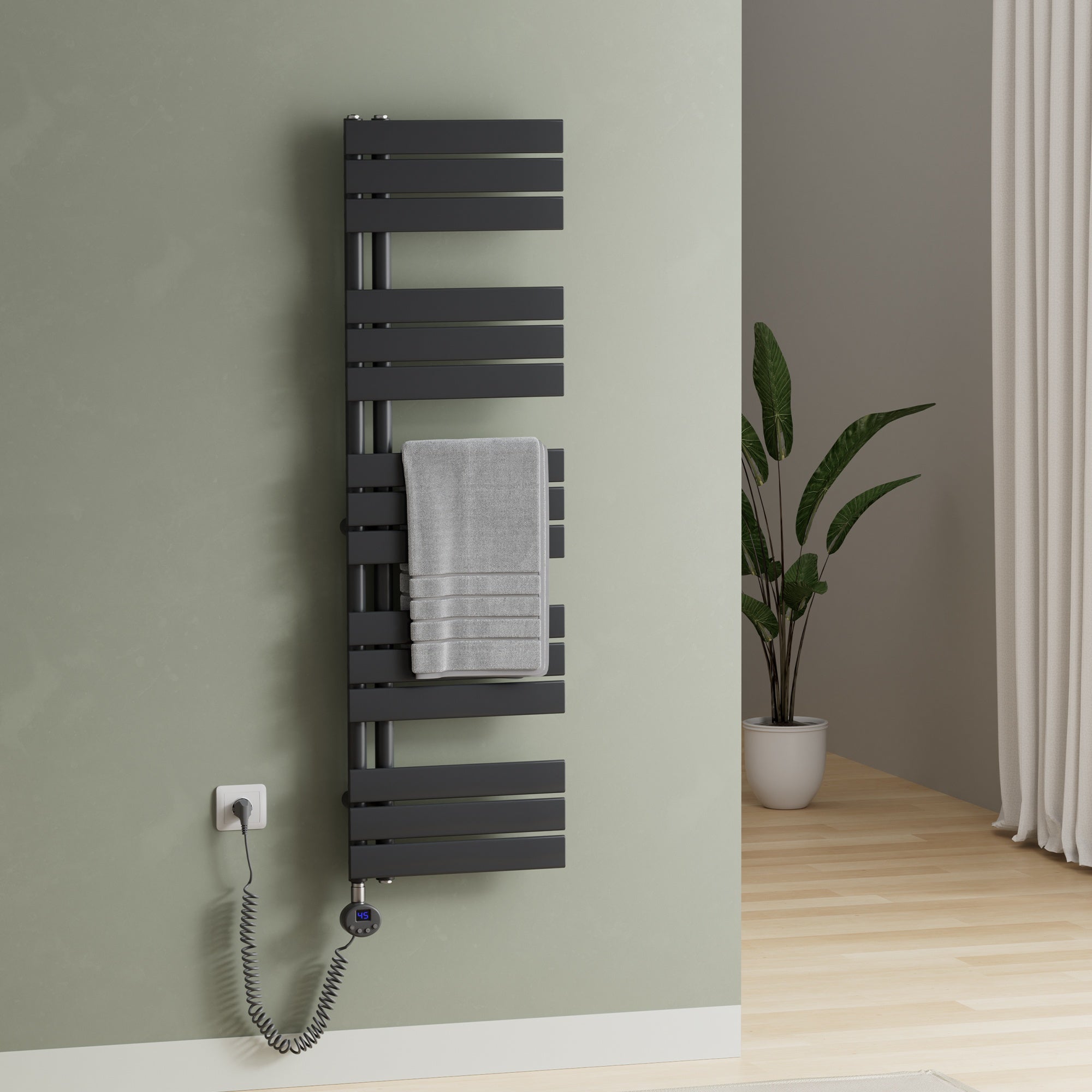 Elektrischer Handtuchheizkörper ESFTR – Flachrohr-Design, einseitig, rein elektrisch, mit Thermostat & Timerfunktion