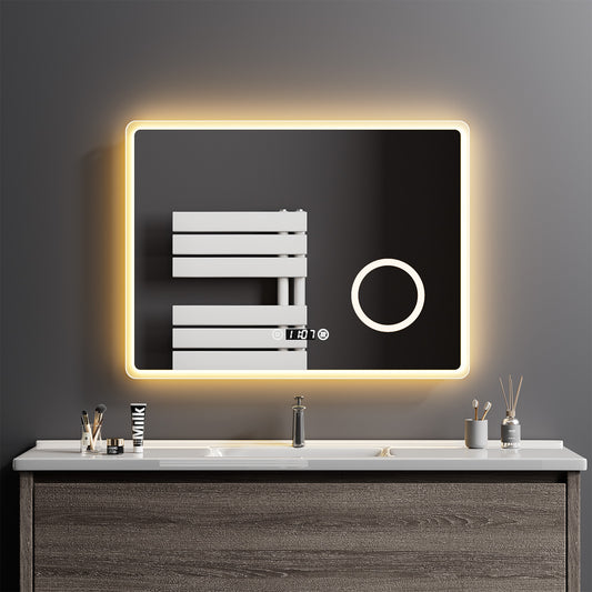 EMKE "LeeMi πX Plus" Wandspiegel mit Beleuchtung 80 x 60 cm mit Schminkspiegel, Touch-Schalter, Antibeschlag, 3 Farben, Uhr, Dimmung