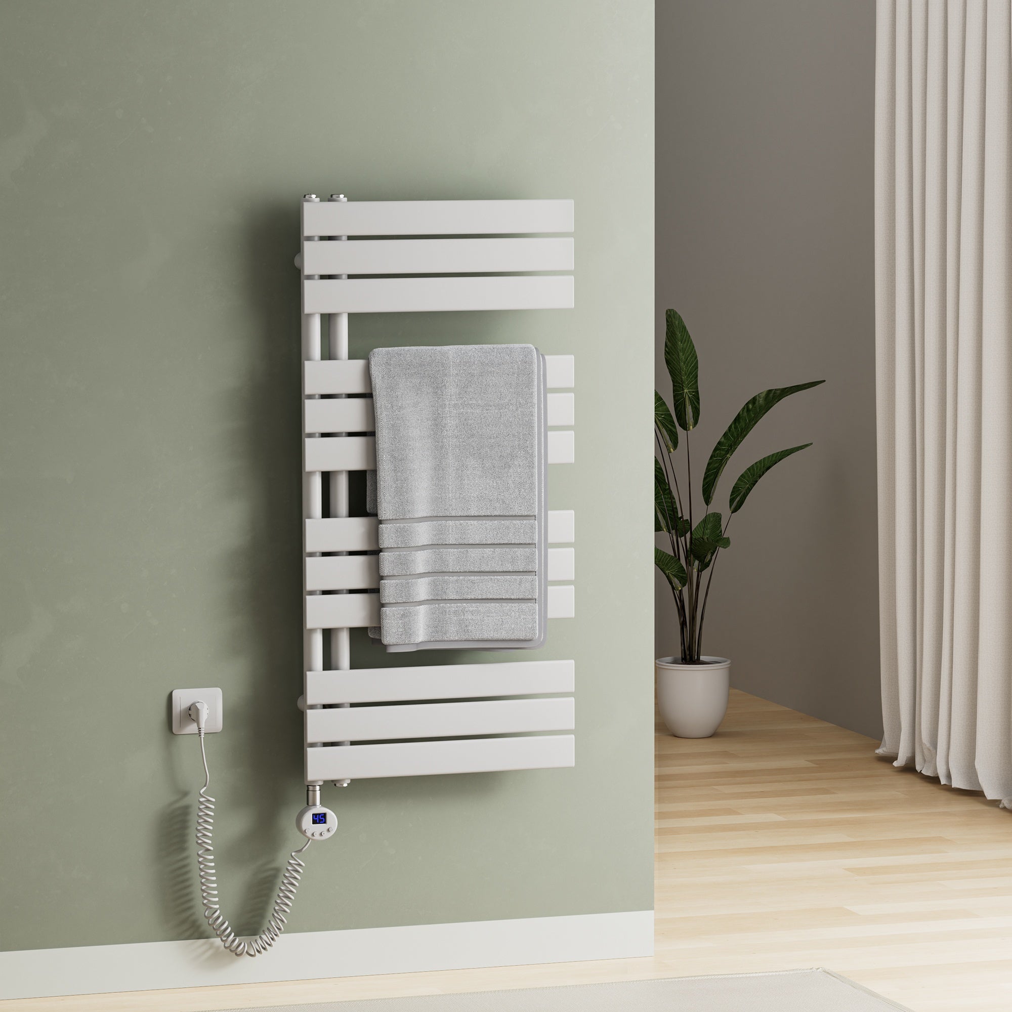 Elektrischer Handtuchheizkörper ESFTR – Flachrohr-Design, einseitig, rein elektrisch, mit Thermostat & Timerfunktion