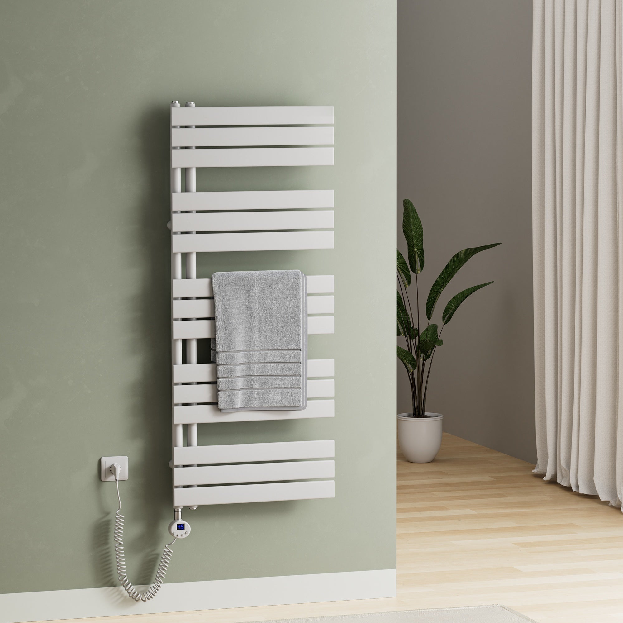 Elektrischer Handtuchheizkörper ESFTR – Flachrohr-Design, einseitig, rein elektrisch, mit Thermostat & Timerfunktion