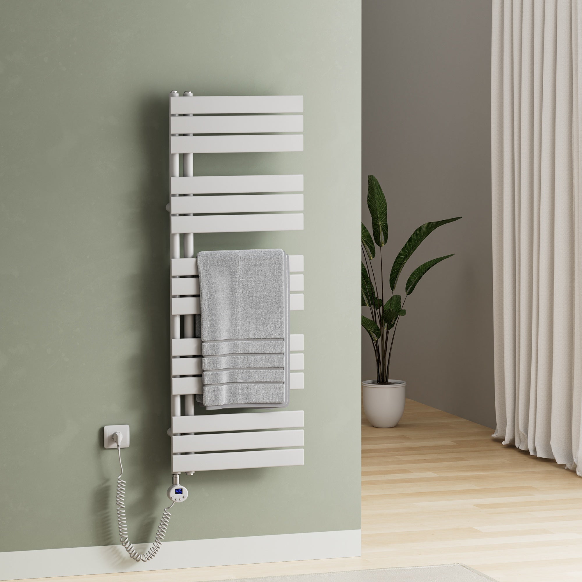 Elektrischer Handtuchheizkörper ESFTR – Flachrohr-Design, einseitig, rein elektrisch, mit Thermostat & Timerfunktion