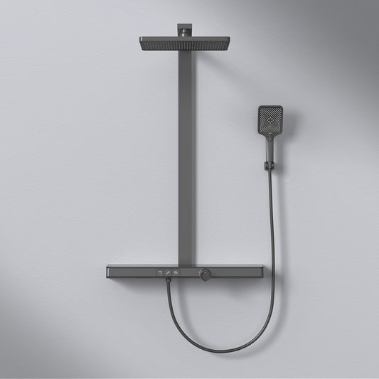 Duschsystem mit Thermostat, großer Glasablage & 3-strahliger Handbrause – Schwarz matt